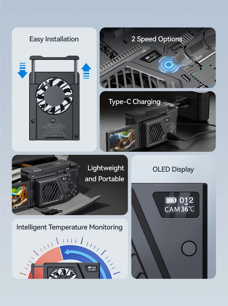 Sistema de resfriamento de câmera Ulanzi CA25 Nova versão Dissipador de calor Ventilador de resfriamento para Sony Canon FUJIFILM Nikon ZV-E1 FX30 A7M4 R8 R7 R6 XT4