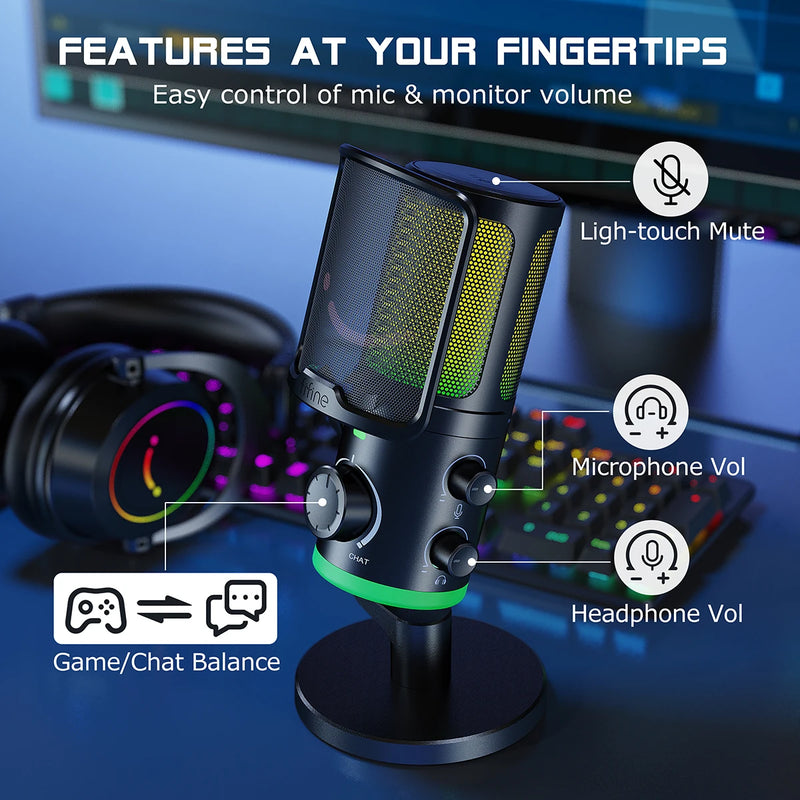 Microfone para jogos USB FIFINE com botão de cancelamento de ruído/RGB/ganho e equilíbrio, microfone condensador para streaming de podcast - Ampligame AM6