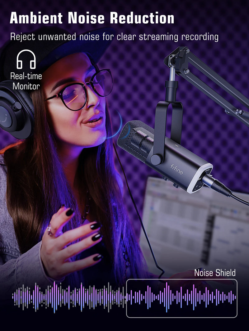Kit de microfone dinâmico XLR FIFINE com braço articulado para mixer, conjunto de microfone USB para jogos com RGB, controle de volume para PC PS5/4 AmpliGame AM8T