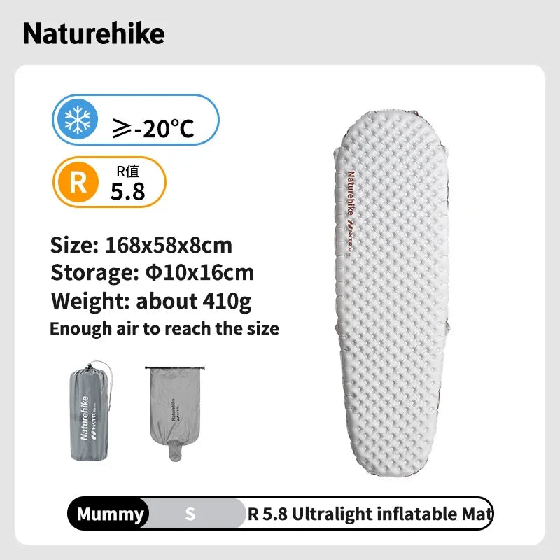 Colchão inflável Naturehike R 5.8 para áreas externas, barraca dobrável portátil, almofada única, ultraleve, para caminhadas, viagem e acampamento