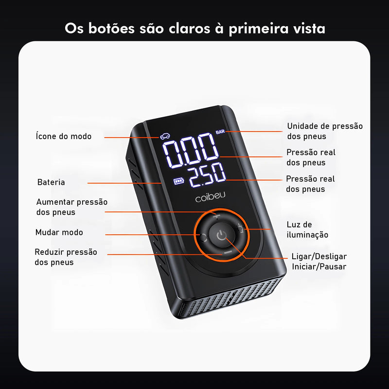 Bomba de inflação portátil sem fio de 60 W, bateria de 1800 mAh * 2,5 modos (carro/bicicleta/motocicleta), desligamento automático por LED, tipo C