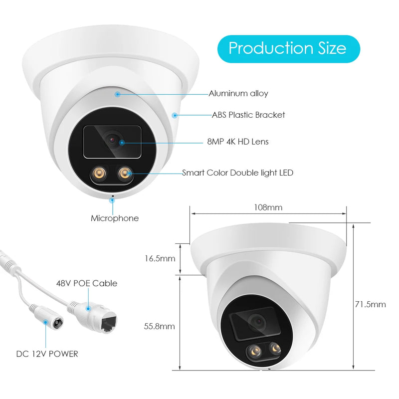 Câmera IP ASECAM 4K 8MP Áudio externo POE H.265 Onvif Grande angular 2,8 mm Detecção de humanoides por IA Câmera de vigilância CCTV residencial