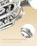 Trompete de bolso em miniatura em Si bemol, instrumento de sopro de metal, com bocal, luvas, pano de limpeza e estojo de transporte.