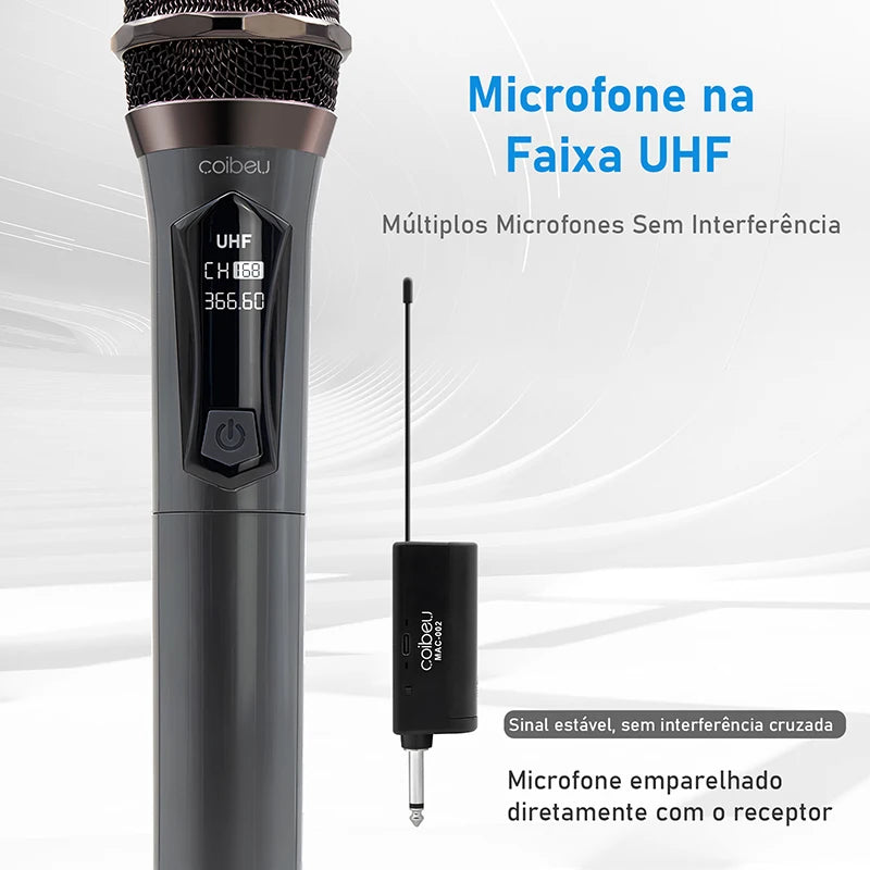 Kit 2 microfones profissional, sem fio portátil, display LED, UHF duplo, redução de ruído, sinal estável
