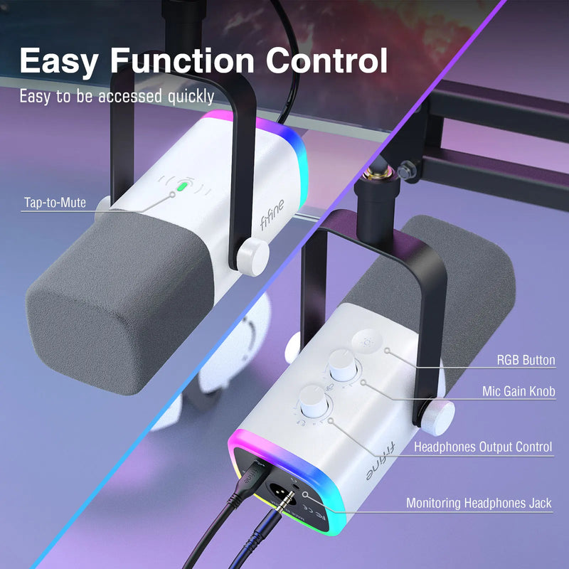 Kit de microfone gamer FIFINE USB/XLR com entrada para fone de ouvido/RGB/braço de braço, conjunto de microfone dinâmico para PC PS5/4 Mixer AmpliGame Branco-AM8TW