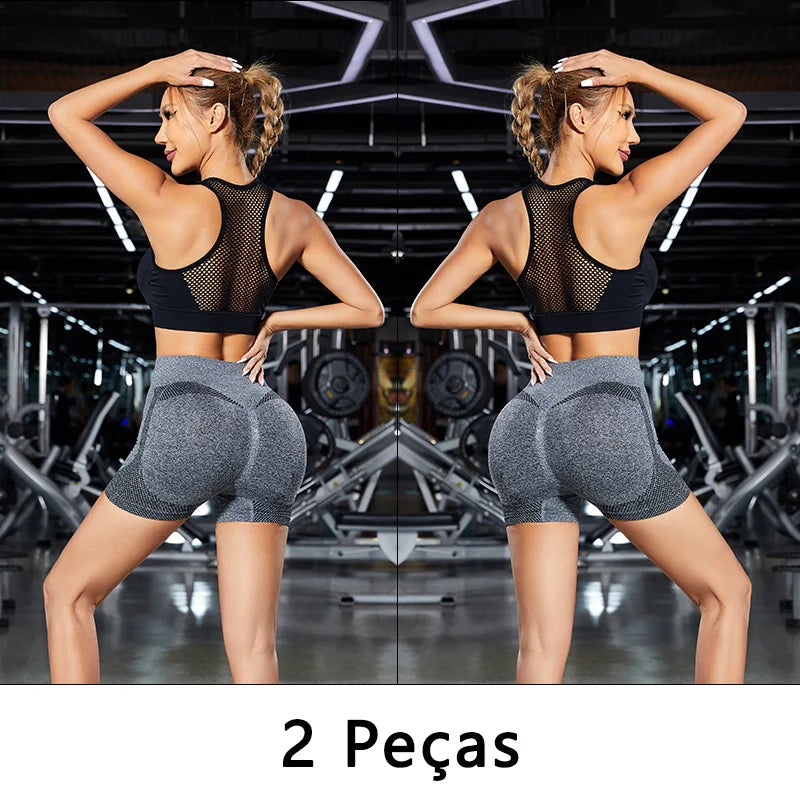 2 peças, shorts esportivos femininos, shorts de ginástica, calças de ioga femininas com controle de barriga e bumbum