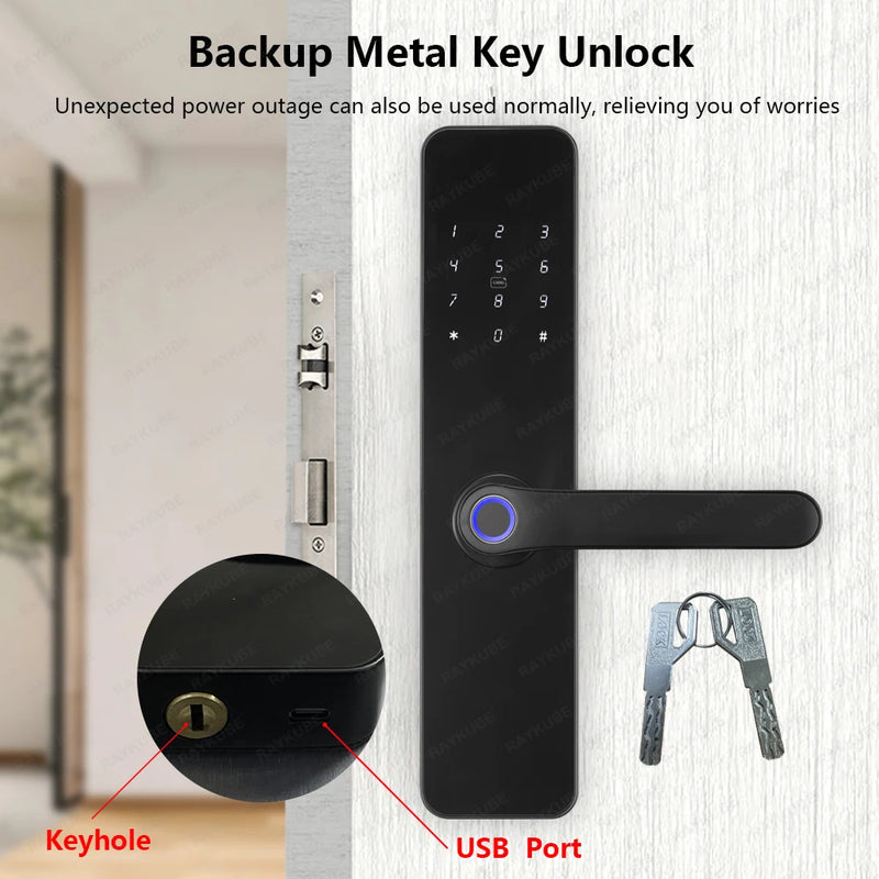 Fechadura Elétrica Inteligente para Porta com Impressão Digital e Alça Maior e Chave/Aplicativo de Desbloqueio Remoto RAYKUBE F7 Tuya WiFi