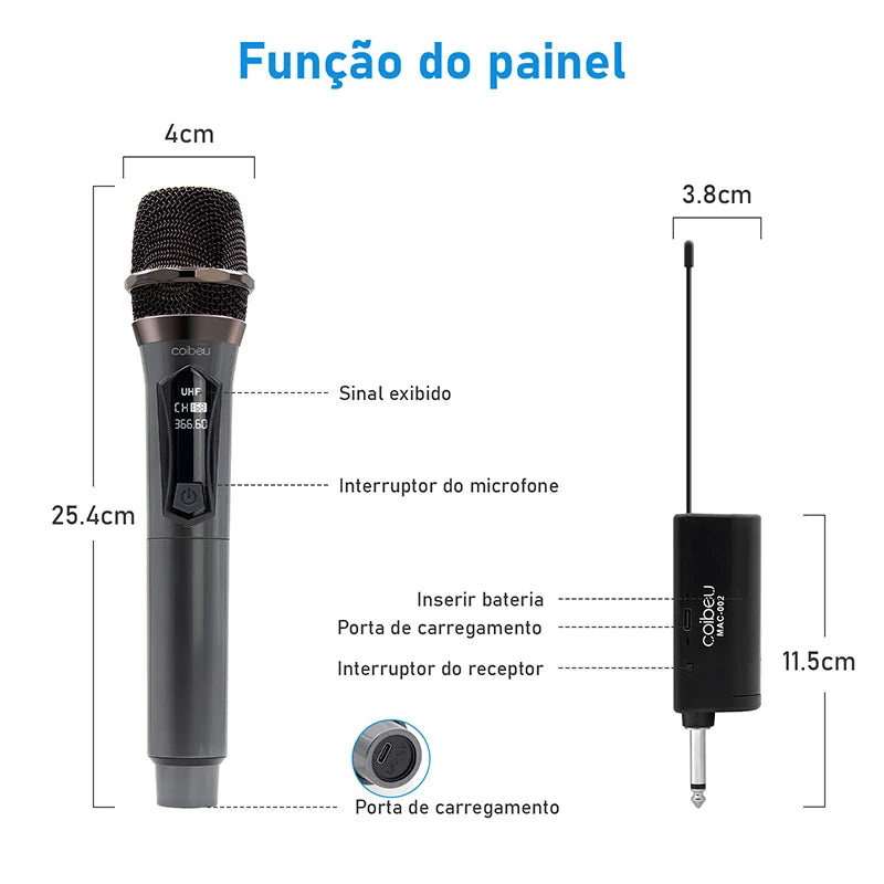 Kit 2 microfones profissional, sem fio portátil, display LED, UHF duplo, redução de ruído, sinal estável