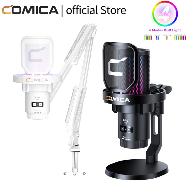 Microfone para jogos USB com fio Comica Uni D Uni A para PC, laptop, telefone, microfone condensador com cancelamento de ruído e iluminação RGB