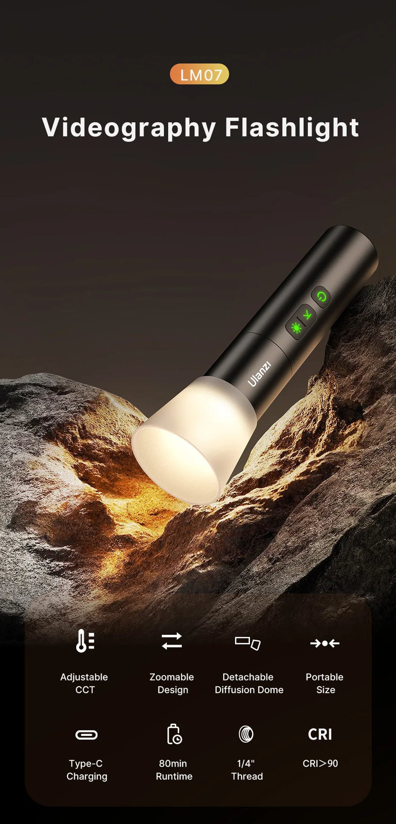 Lanterna de videografia Ulanzi LM07 com zoom para fotografia, luz de preenchimento, luz ambiente com rosca de 1/4'' para suporte de câmera