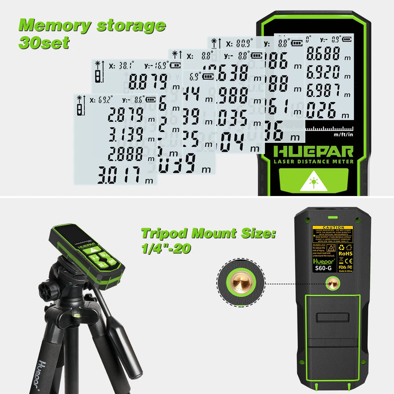 Medidor de distância a laser verde digital Huepar 60 m 100 m 120 m fita métrica a laser telêmetro com sensor de ângulo LCD ferramentas de medição
