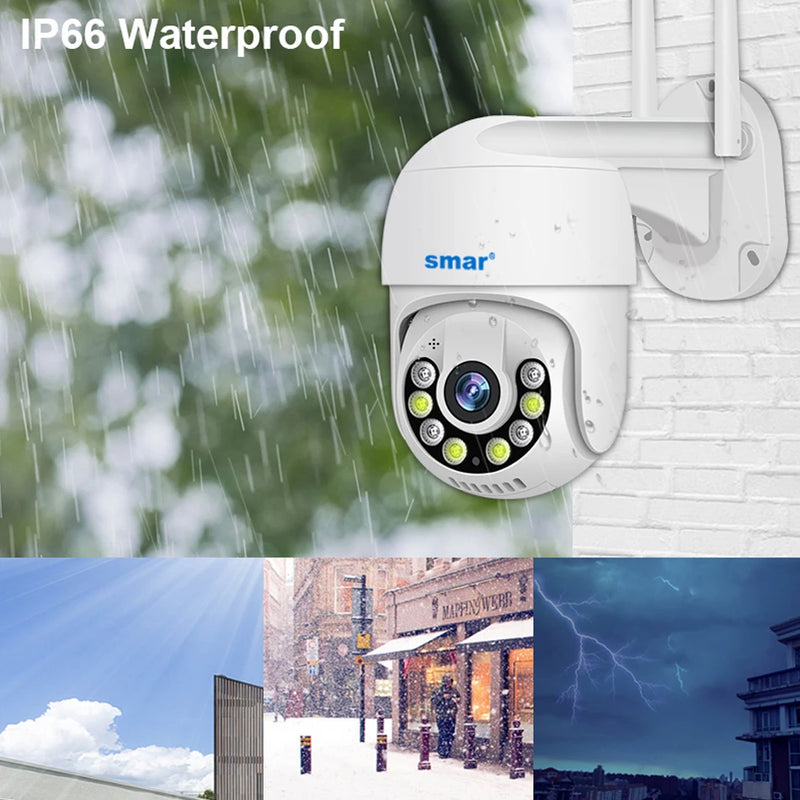 Câmera Smart 3MP 5MP PTZ WiFi externa com rastreamento automático, detecção humana por IA, visão noturna em cores, áudio bidirecional, câmera IP ICsee APP
