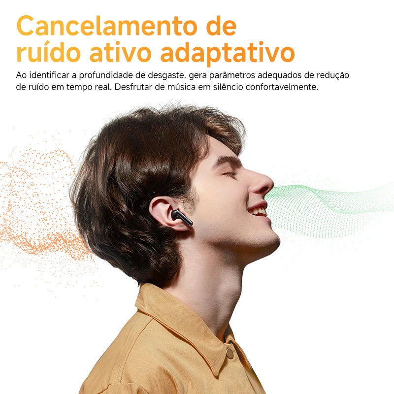 Fones de ouvido sem fio QCY HT10 AilyBuds Pro+ com cancelamento de ruído ativo (ANC), áudio de alta resolução com LDAC, Bluetooth 5.3, 6 microfones, IA para chamadas em HD e conexão multiponto.