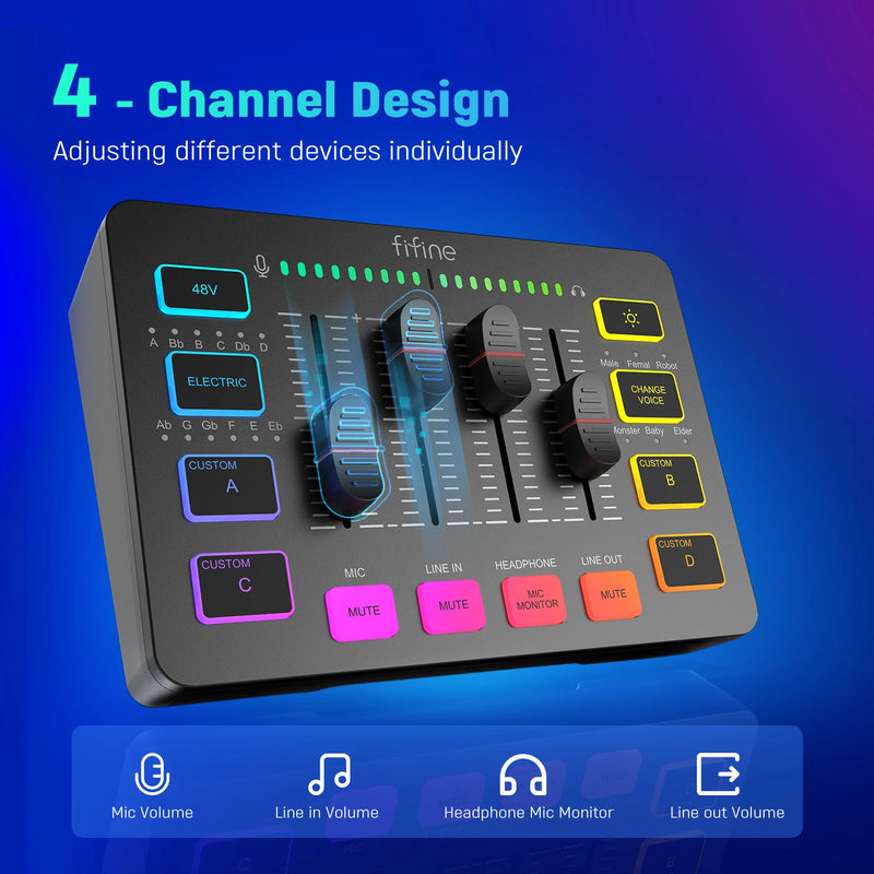 Mixer de áudio para jogos FIFINE, mixer RGB de 4 canais para streaming com interface de microfone XLR, para voz de jogos, podcast, AmpliGame SC3