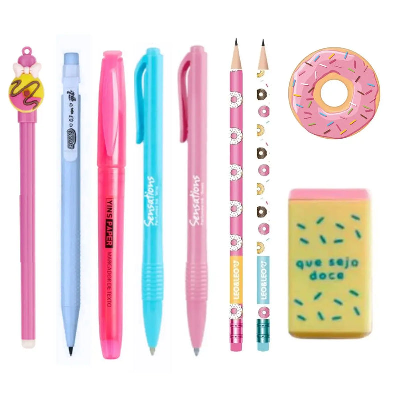 Kit de papelaria fofo Kawaii Lápis Donuts Apontador de borracha Caneta fofa