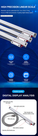 DRO Linear Fino de 0,005 mm com Escala de Vidro TTL 5VDC, Sensor de Deslocamento com Régua de Grade de 450 mm a 1000 mm para Fresadoras e Tornos