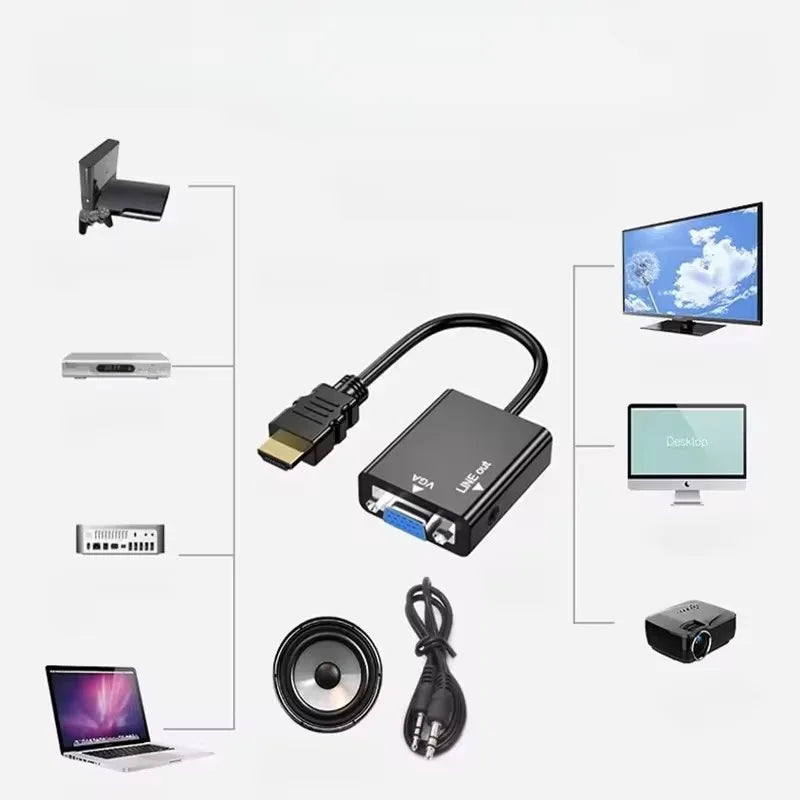 Conversor HD VGA para Hdmi, com cabo de áudio de 3,5 mm Vga para adaptador Hgmi, conversor de vídeo HDTV e áudio