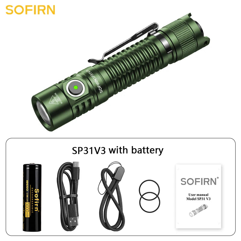 Nova lanterna tática LED Sofirn SP31 V3.0 com interruptor duplo USB C 18650, indicador de energia recarregável, 6000K e 5000K