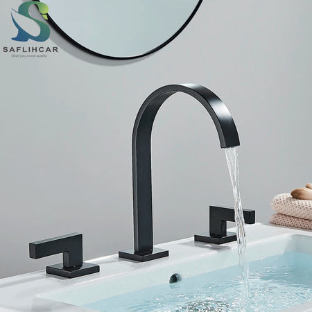 Torneira preta para pia de banheiro, torneiras misturadoras de água quente e fria, 3 furos, misturador de duas alças, montagem no deck, banheira, torneira cromada