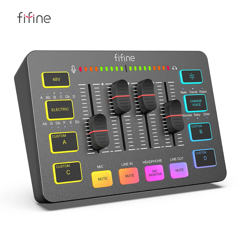 Mixer para jogos USB FIFINE com interface de microfone XLR, alimentação fantasma de 48 V, RGB, placa de som para podcast e streaming AmpliGame SC3