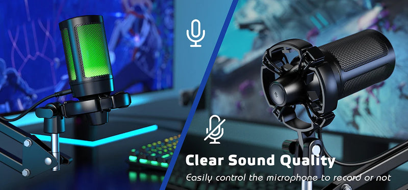 Kit de microfone para jogos AmpliGame com silenciador rápido, conjunto de microfone condensador USB RGB com braço de metal para PC móvel, PS4/5, streaming - A2T