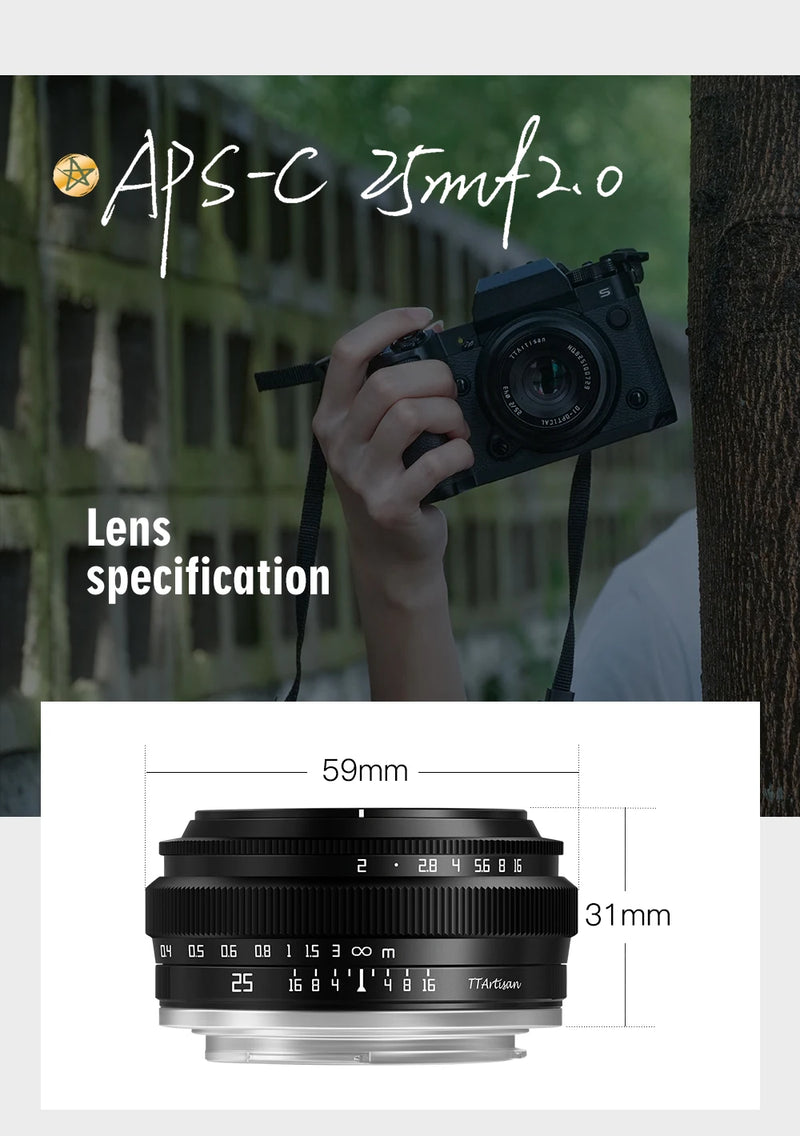 Lente principal fotográfica TTArtisan aps-c 25mm F2 para câmera Sony E Mount a6000 a6400 zve10 Fujifilm XT4 XT30 XS10 Nikon Z30 Z50