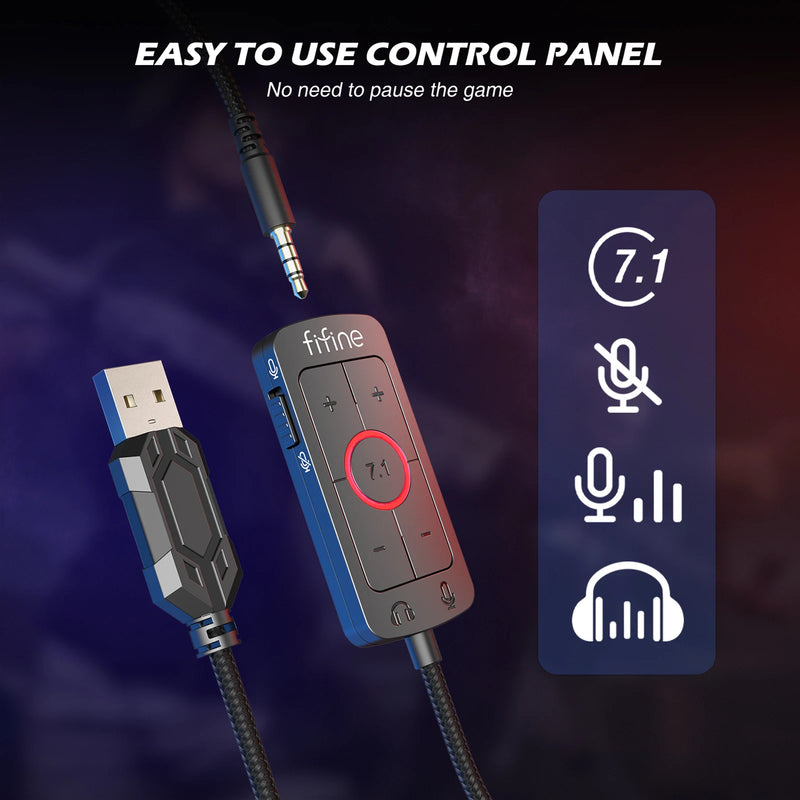 Fone de ouvido FIFINE, fone de ouvido USB com conector de 3,5 mm e som surround 7.1, controle de volume e botão de mudo para PC/MAC/PS4/PS5 Mixer-H9