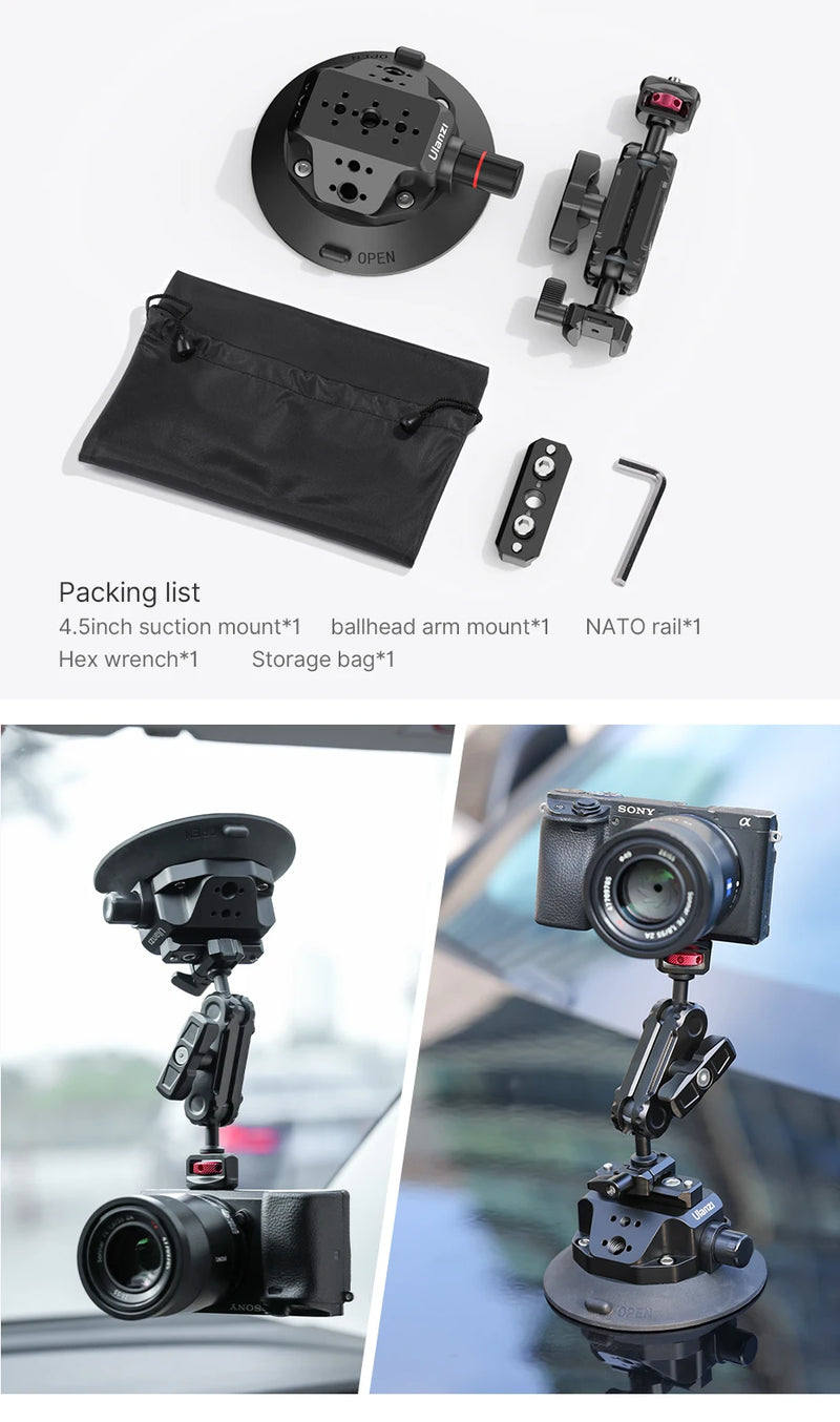 Ulanzi Car Phone Action Camera Holder Hand Pump Suction Cup 360° Adjustable 1/4" for GoPro for Insta360 DJI Action Smart Phone