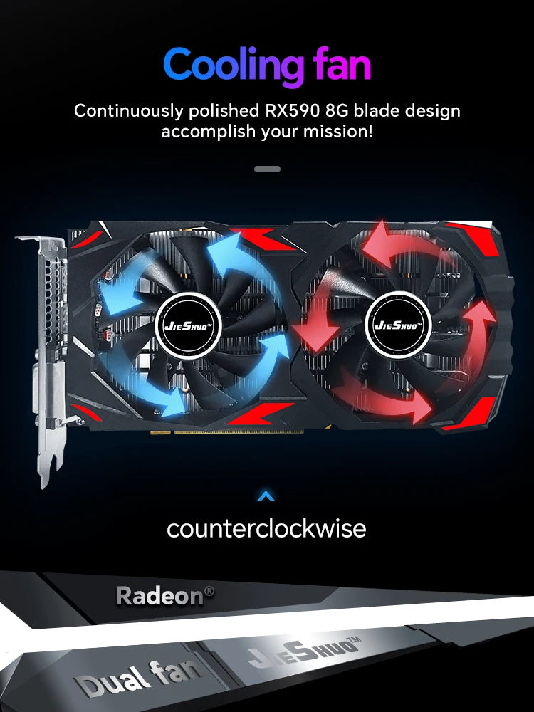Placa de vídeo JIESHUO Radeon GTX750 e  RX590 8G com memória GDDR5, PCIe 3.0 x16 e DVI/DP.
