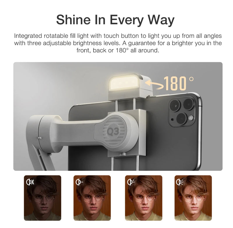 ZHIYUN SMOOTH Q3 Smartphones Gimbal 3-Axis Telefone Flexível Estabilizador Portátil com Luz de Preenchimento para Huawei iPhone Xiaomi Samsung
