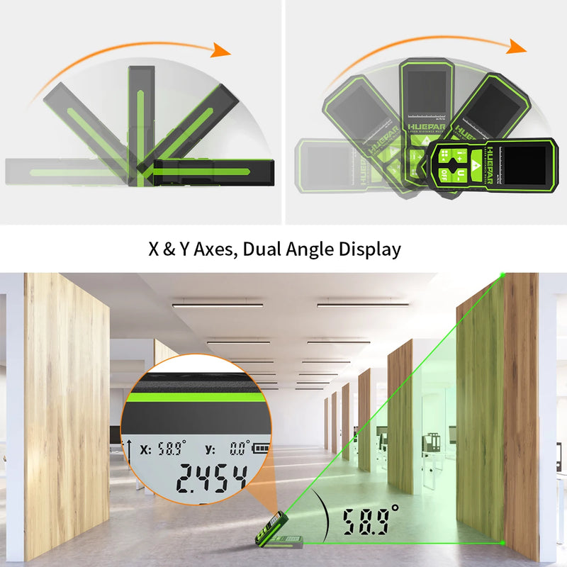 Medidor de distância a laser verde digital Huepar 60 m 100 m 120 m fita métrica a laser telêmetro com sensor de ângulo LCD ferramentas de medição