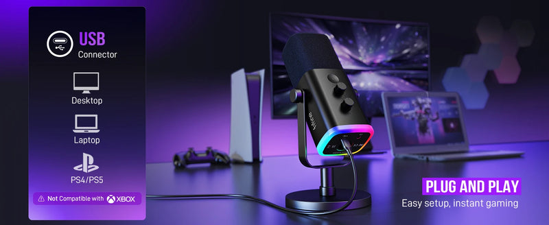 Microfone dinâmico FIFINE USB/XLR com controle RGB/entrada para fone de ouvido/mudo, microfone para jogos de PC, gravação e streaming AmpliGame-AM8
