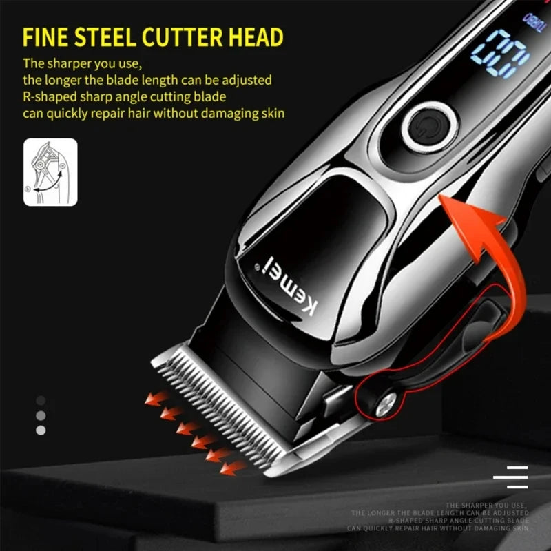 Maquina de Cortar Cabelo Elétrico Profissional Kemei KM-1990 com Display LED