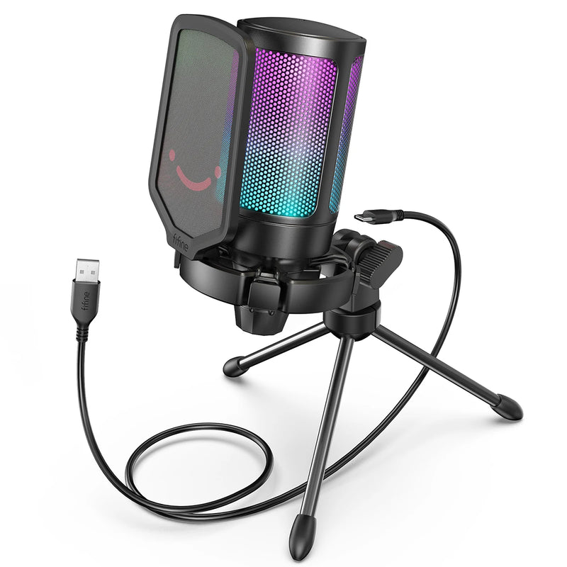 Microfone para jogos USB FIFINE, microfone condensador com RGB, para PC, PS4, PS5 e MAC, adequado para podcasters/jogadores/influenciadores/estúdio doméstico