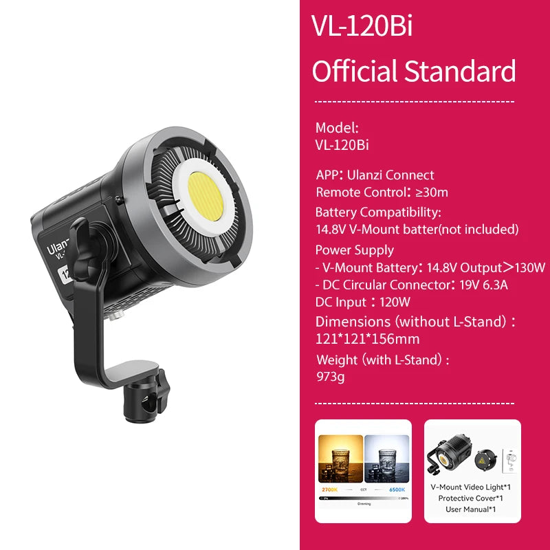 Ulanzi VL-120Bi VL-120C 120W V-Mount COB Luz sem fio Controle por aplicativo 2700K-6500K Luz de vídeo para fotografia de vídeo de esquete