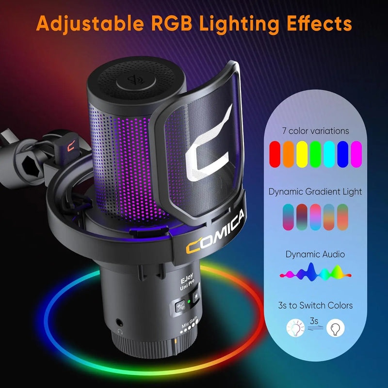 Microfone para jogos USB Comica Uni Pro com botão de cancelamento de ruído/RGB/balanço de ganho e microfone condensador para streaming de podcast