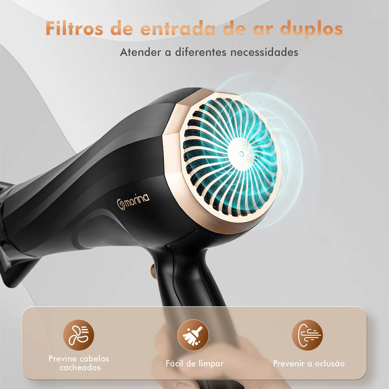 Secador de cabelo elétrico V-127V ou 220V 1900W Preto/Dourado