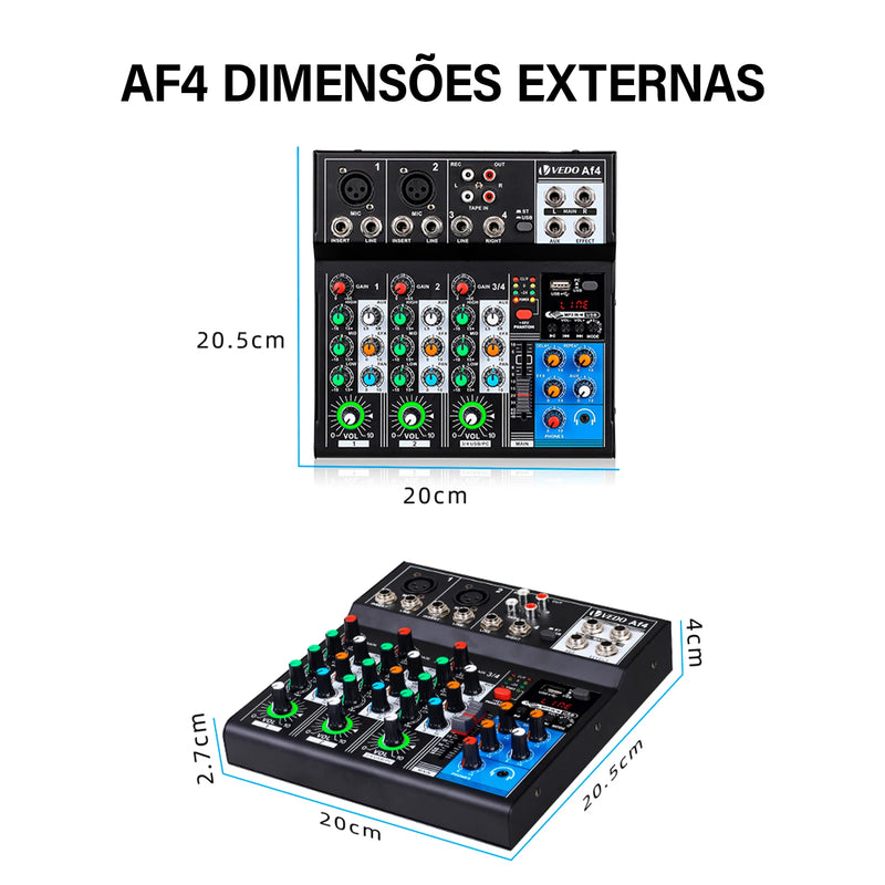 Mixer analógico VEDO AF4, placa de som digital mesclada, 4 canais, configurações de função personalizadas, console de mixagem analógico para transmissão ao vivo