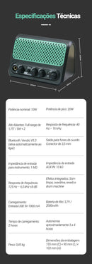 Mini amplificador de guitarra elétrica DK, 10W, Bluetooth, com efeitos de reverb e overdrive, bateria de lítio e 30 ritmos de bateria.