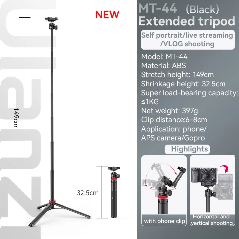 Tripé Ulanzi MT-44 com 1,46 m de extensão para selfies, tripé com braçadeira para celular, câmeras, celulares, Samsung, iPhone, Huawei, Xiaomi