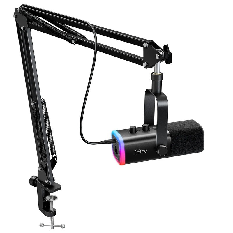 Kit de microfone gamer FIFINE USB/XLR com entrada para fone de ouvido/RGB/braço de braço, conjunto de microfone dinâmico para PC PS5/4 Mixer AmpliGame Branco-AM8TW