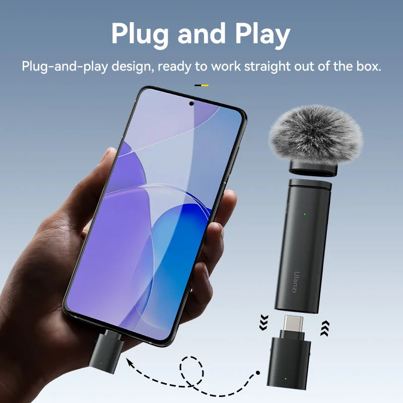 Microfone de lapela sem fio Ulanzi WM-10 1 para 1 USB C para Android e iPhone com esponja à prova de vento para gravação de transmissão ao vivo