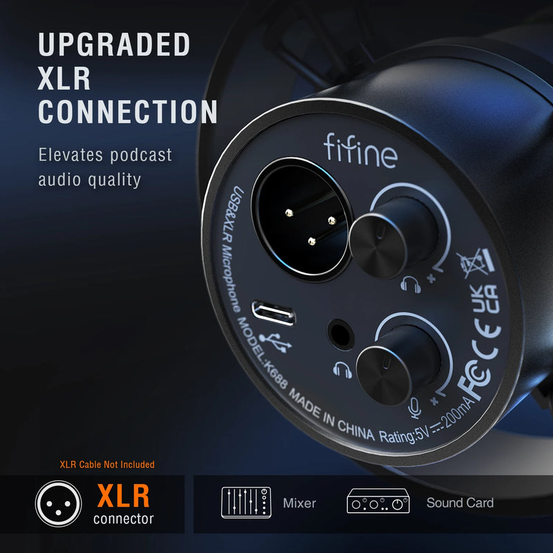 Microfone dinâmico XLR de gravação FIFINE com monitoramento em tempo real, microfone de streaming USB com botão de ganho/mudo por toque para PC, mixer-K688