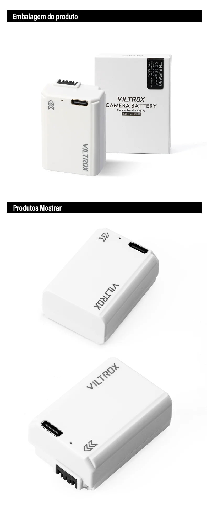 Bateria para câmera Viltrox FZ100 FW50 USB-C com carregamento rápido e recarregável para câmera Sony A6700 FX3 ZV-E1 ZV-E10 A7M4 A9 A1