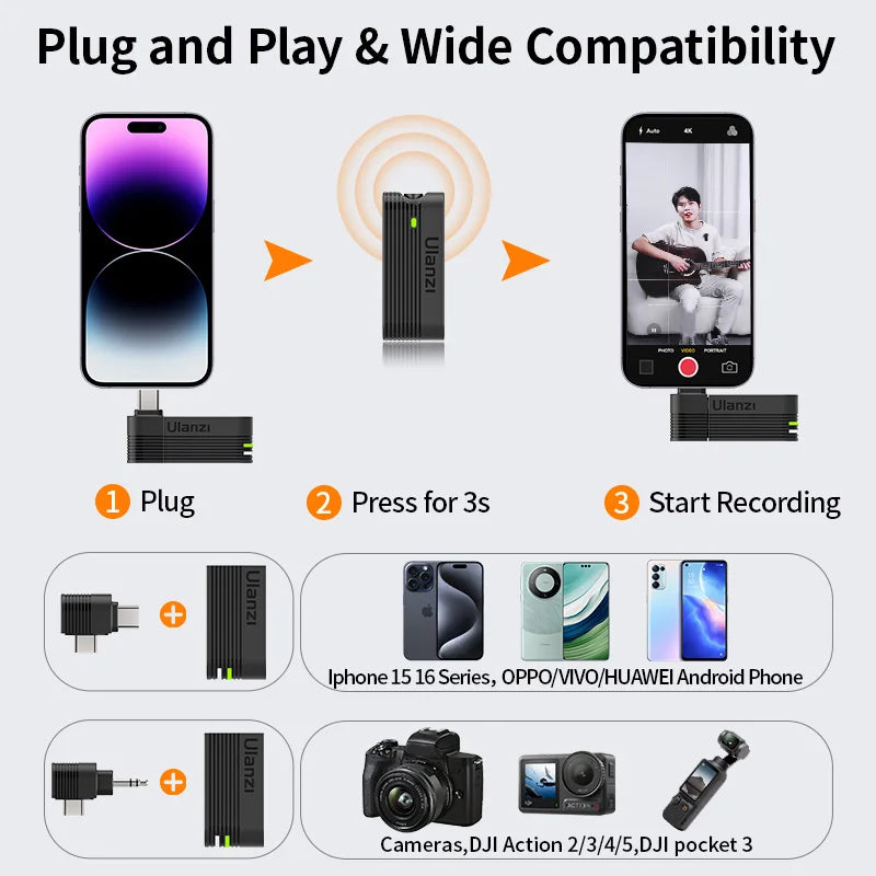 Microfone de lapela sem fio Ulanzi A100 para câmera iPhone 16 15 Pro Max Android DJI Action Pocket 3 com gravação dupla ao vivo