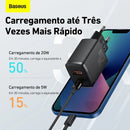 Kit Carregador Duplo Baseus Compacto 20W para iPhone 14 e Anteriores + Cabo de 1 Metro - Preto