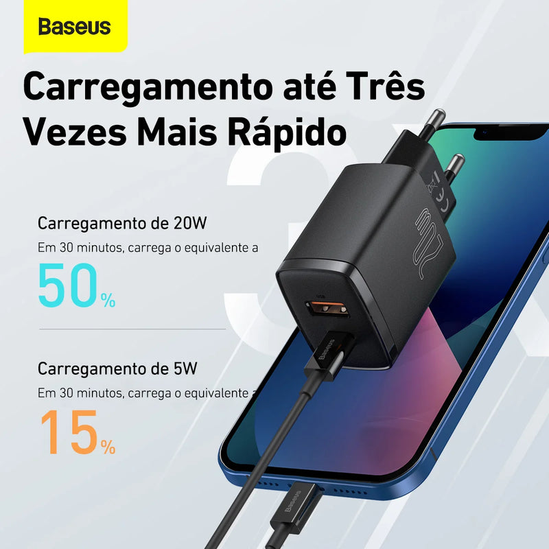 Kit Carregador Duplo Baseus Compacto 20W para iPhone 14 e Anteriores + Cabo de 1 Metro - Preto