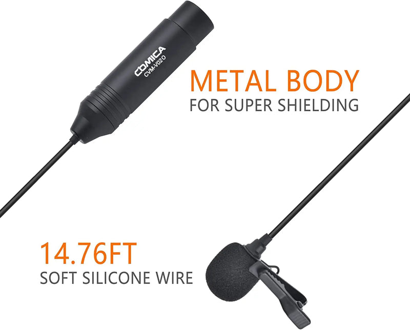 Microfone de lapela Comica XLR, omnidirecional de 3 pinos CVM-V02O para filmadoras Canon Sony Panasonic