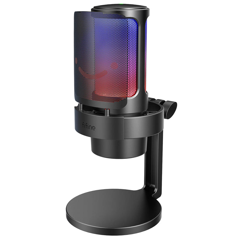 Microfone USB FIFINE para gravação e streaming em PC/Mac com filtro pop, silenciador rápido e conector de microfone de 3,5 mm, microfone com 3 modos RGB - A8