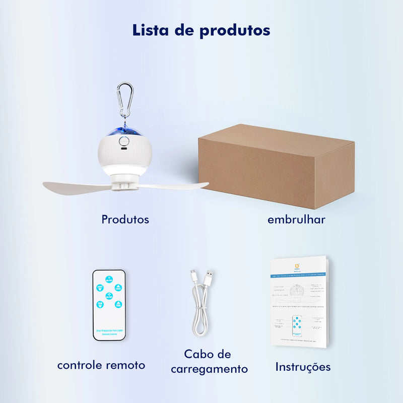Ventilador, Lâmpada LED e Projetor de Estrelas e Planetas Portátil - Recarregável USB Com Controle